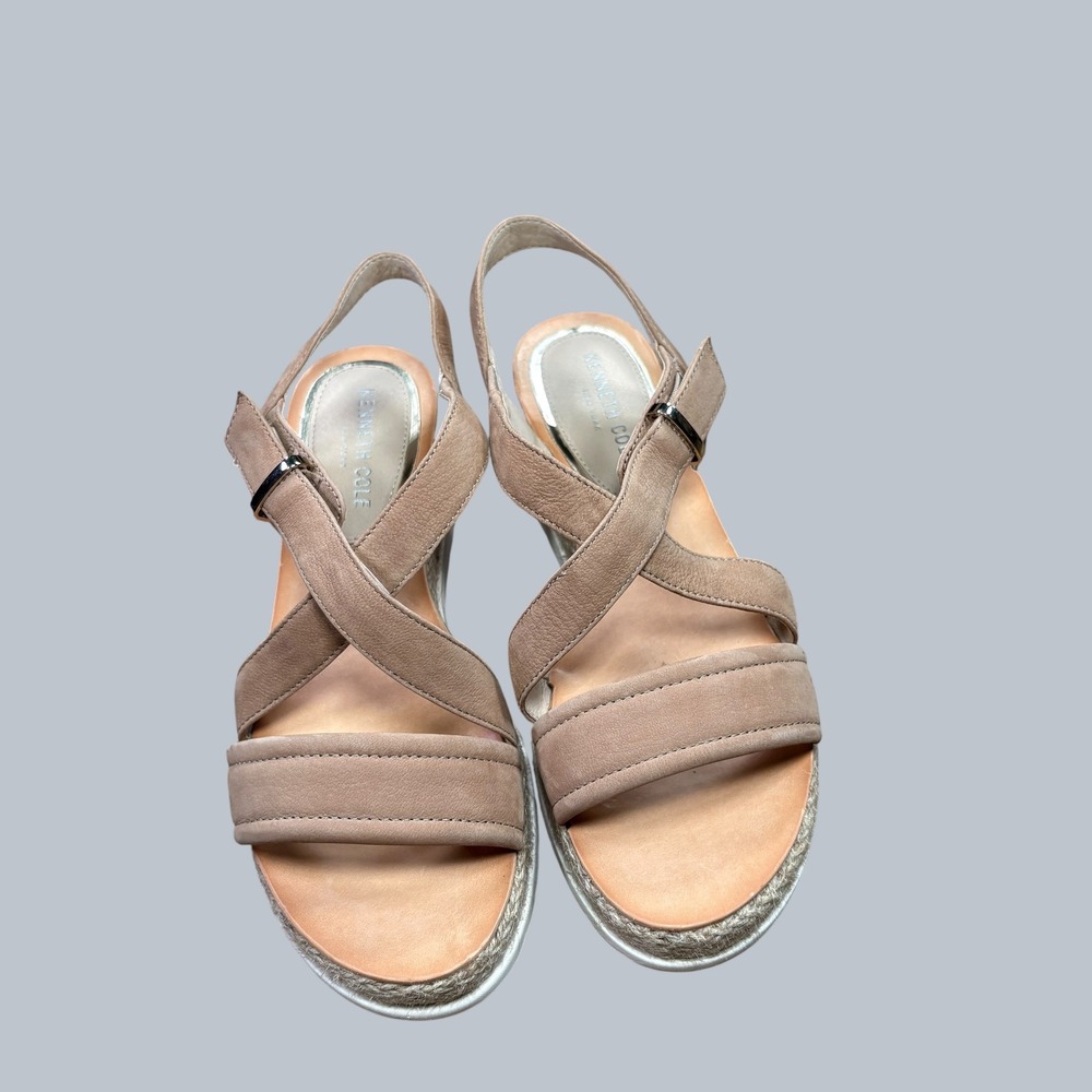Kenneth Cole Reaction Warm Taupe Leather Platform Wedge Sandals Women's Size 7